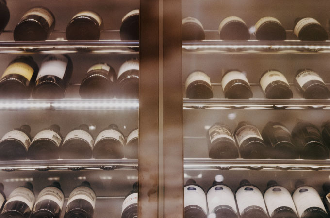 Close-up of the wine bottles