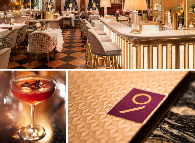 Collage featuring a glass for a drink, Nikkei Nine menu and grill restaurant