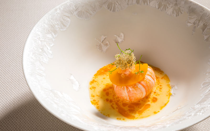 Artfully prepared carabinero vegetable salad with bouillabaisse jus orange rouille in a deep plate