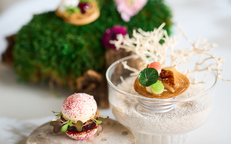 Artfully arranged grilled eel with wood sorrel in a spicy meringue